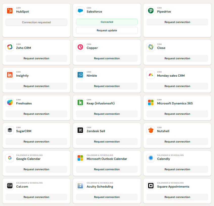 Kirkoo Connections page: integrations and linked services